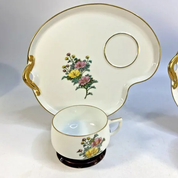 2 Kotobuki Snack Plate Shadow Geisha Tea Cup Eggshell Porcelain Floral Japan 50s